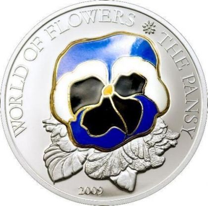 Сребърна монета ” Гланциран цвят- Трицветна теменуга ” Cook Islands 2009г.