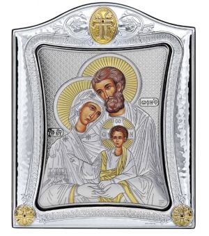 Сребърна икона Светото Семейство в стъклена рамка, 15.5 х 19.5 см, Сребро 925