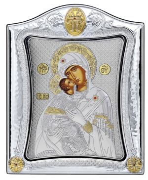 Сребърна икона Света Богородица Владимировска в стъклена рамка, 15.5 х 19.5 см, Сребро 925