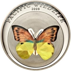 Сребърна монета 3D призма ефект ” Пеперуда оранжево жълта ”Palau 2008г.