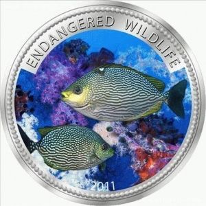 Фина монета застрашени морски видове " Streaked Spinefoot" Palau 2011г.