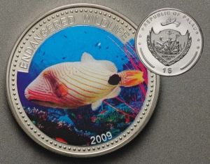 Фина монета застрашени морски видове ” Orange Lined Trigger Fish ” Palau 2009г.