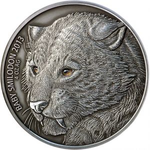 Сребърна монета с реален ефект " Саблезъб Тигър бебе " Cameroon 2013г.